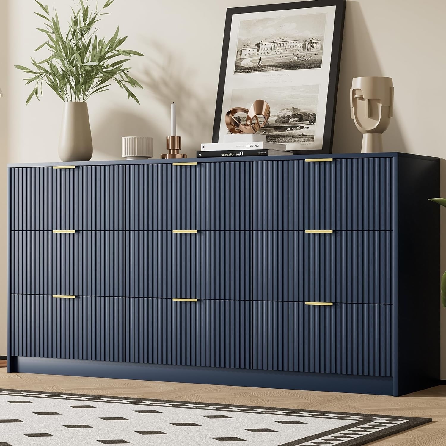 Modern Blue Dresser with 9 Drawers, Golden Handles, 63 inch Wide, 31.5 inch High, Smooth Slides for Bedroom, Living Room, Closet