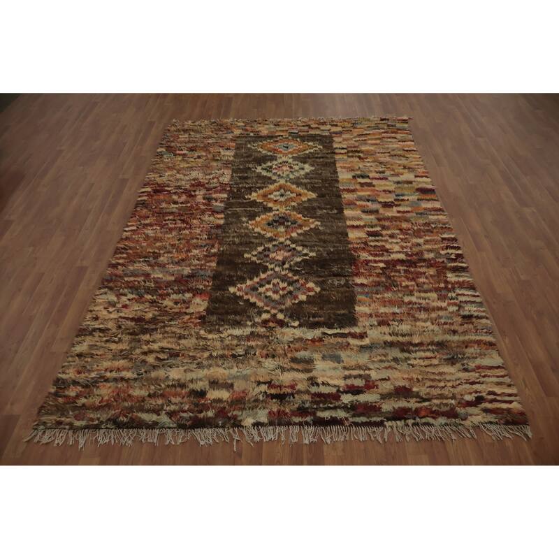 Hand Knotted Oriental 100% Wool Carpet Modern Tribal Brown Moroccan Area Rug - 9' 10'' X 6' 10''