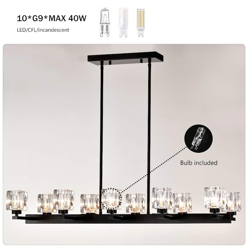 Chandelier for Dining Room, 10-Light Black Farmhouse Linear Pendant Light Fixture, Modern Crystal Hanging Lighting Chandelier