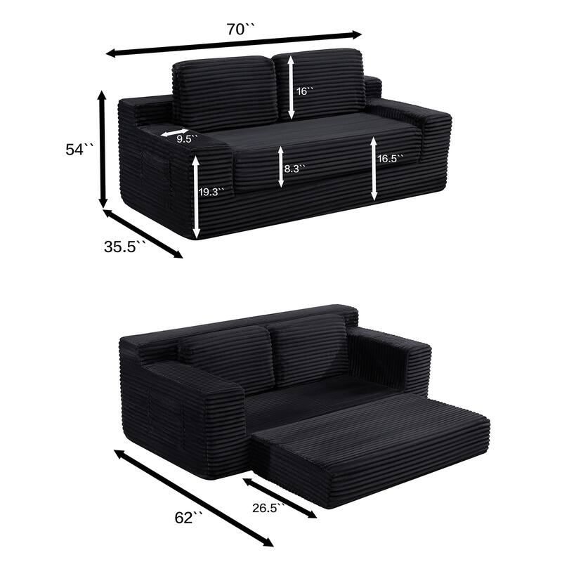 Corduroy Sleeper Couch, 2-in-1 Convertible Floor Sofa Bed, Memory Foam Boneless Loveseat with Side Pockets for Living Room