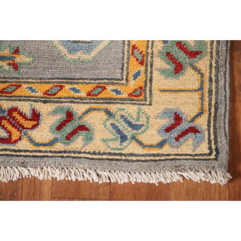 Geometric Kazak Runner Rug Handmade Grey Wool Carpet - 2'8" x 16'3"