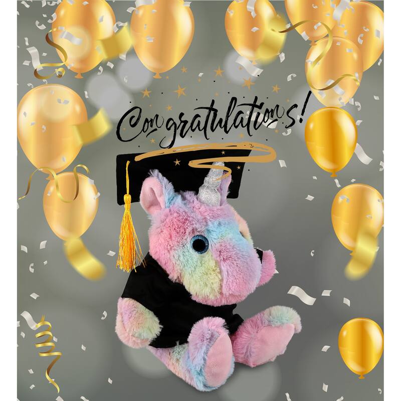 DolliBu Rainbow Unicorn Graduation Plush Toy with Gown and Cap - 10 inches