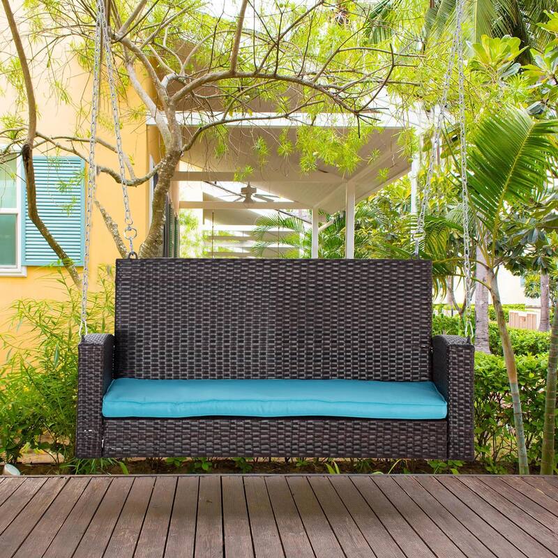 2-Person Wicker Hanging Swing Bench,Porch Swing Outdoor Chair,Cushions - Sky Blue