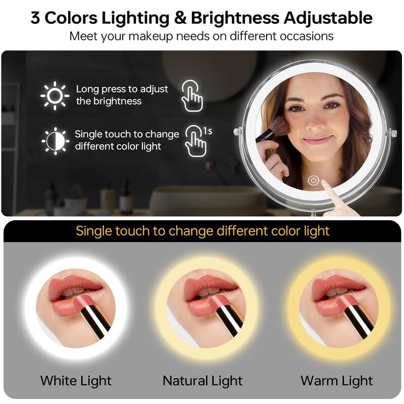 8in. LED Light Wall Mounted Makeup Mirror with 3 Colors, 1x/10x HD Magnifying Double-Sided Mirror, Extension Arm