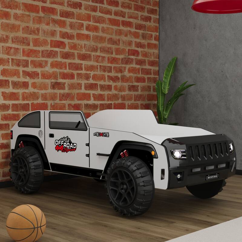 Furniture of America Keanu Modern White Twin Off-Road Style Platform Bed with LED Headlights - White