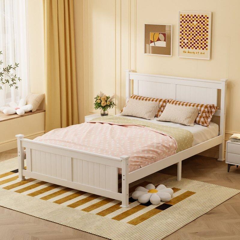 Wood Bed Frame Full Size Platform Bed with Headboard White