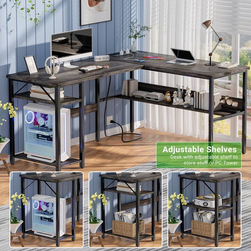 Reversible L Shaped Desk with Storage Shelves, Home Office Corner Desk with Charge Station