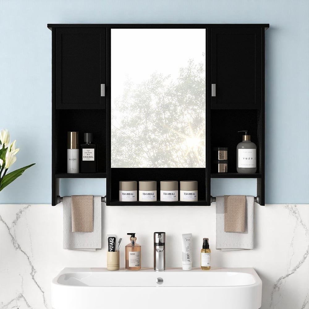 Modern 35" Bathroom Wall Cabinet with Mirror, Triple Doors, Hidden Storage and Towel Bar