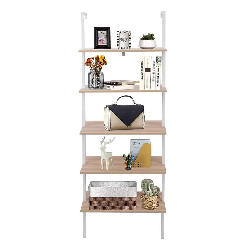 5-Tier Wood Ladder Bookcase with Metal Frame,Walnut