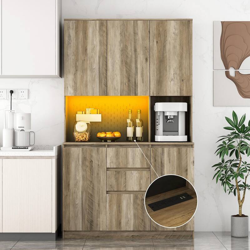 74" Kitchen Pantry Cabinet with Charging Station, Drawer and LED Lights