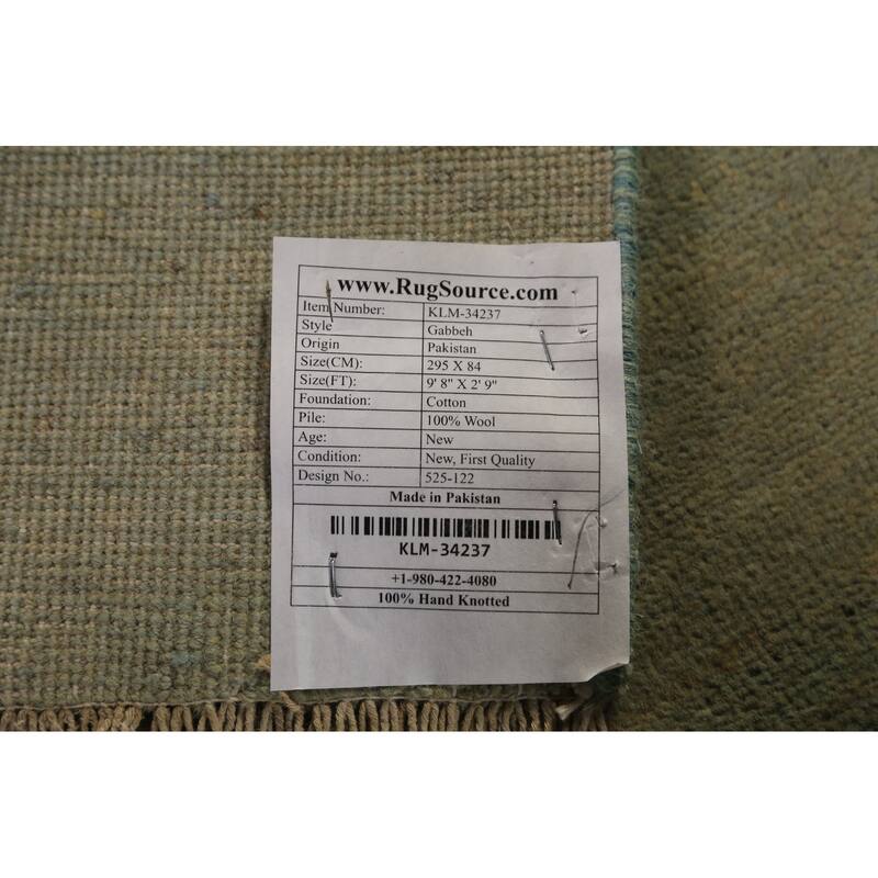 Green Gabbeh Modern Runner Rug Hand-Knotted Wool Carpet - 2'9" x 9'8"