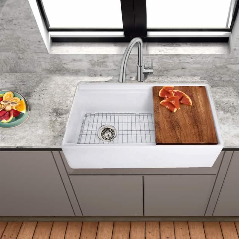 32.5 inch Fireclay Farmhouse Workstation Sink with Grid & Cutting Board - 32.5" x 19" x 10"