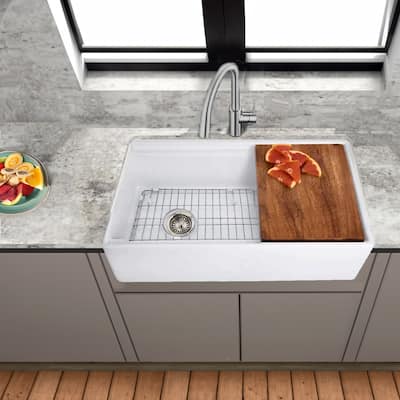 32.5 inch Fireclay Farmhouse Workstation Sink with Grid & Cutting Board - 32.5" x 19" x 10"