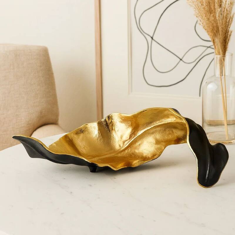 Twisted Leaf Design Sculpture with Texture Details, Gold and Black