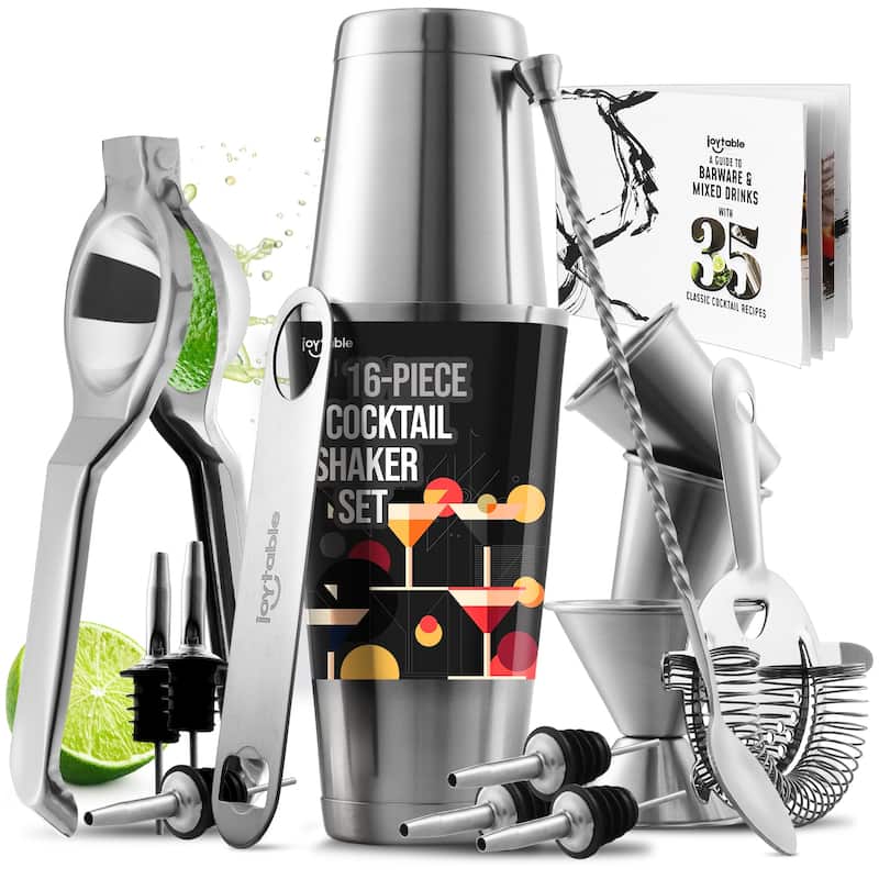 JoyTable Bartender Kit - Cocktail Set Kit - Bartender Drink Mixer Shaker Bar Tool Set - 16 Piece Set - Silver