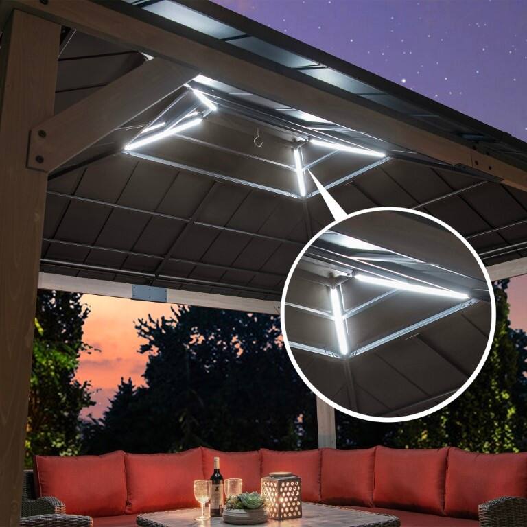 Sunjoy Outdoor Hardtop Gazebo Wooden Pergola with One-Tier Metal Roof, LED Light and Ceiling Hook
