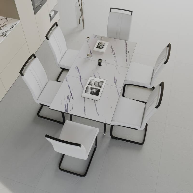 7-Piece Expandable Dining Table Set with C-shaped Tubular Cushioned Armless Chair, Scratch Resistant Plastic Feet