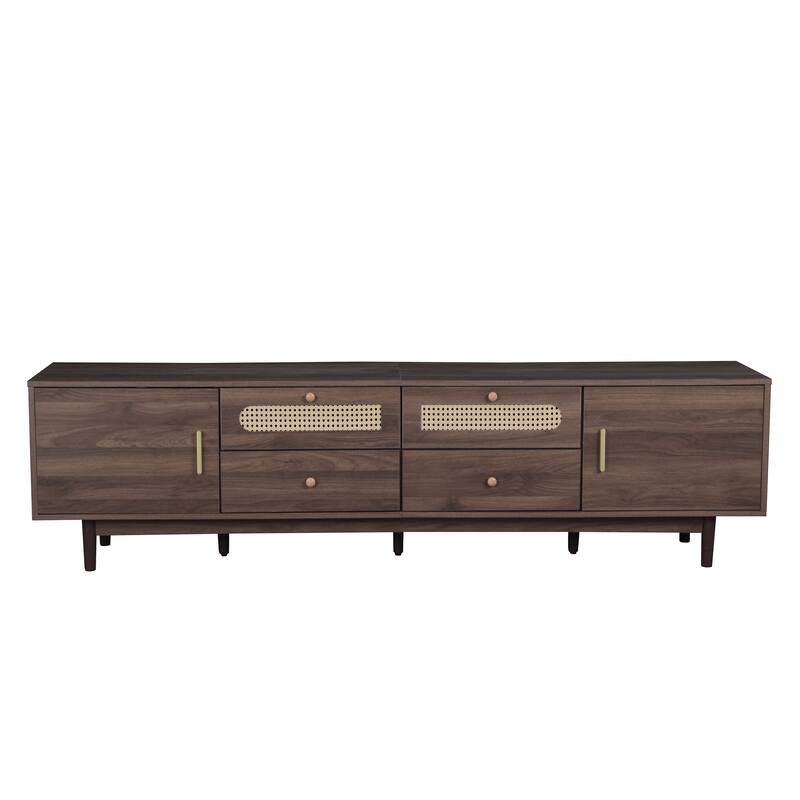 Modern76 Inch TV Stand with Rattan Doors and Storage for Large TVs