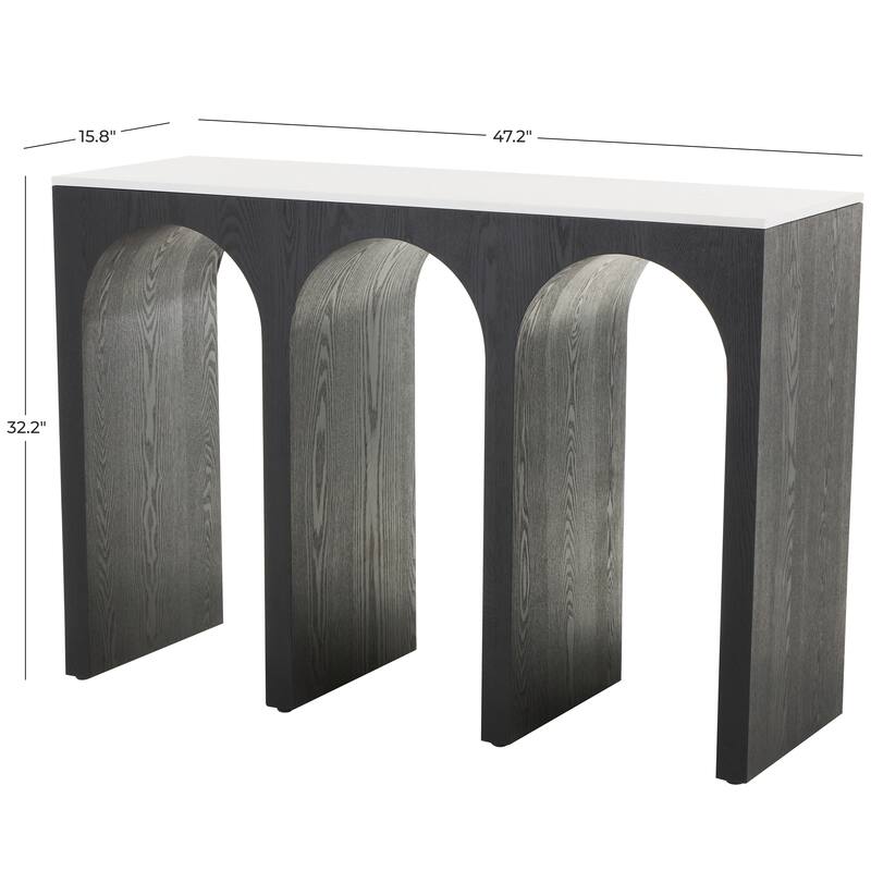 Black Wood Art Deco Arched Cutout Living Room Console Table with White Marble Tabletop