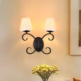 kirahee 2-Light Bedroom Wall Lamps Matte Black Finish Wall Lights with White Flax Fabric Shade - Matte Black