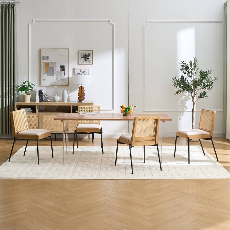 Dining Chairs Set of 2, Accent Linen Fabric Side Chairs with Rattan Backrest Metal Legs Kitchen Chairs for Dining Room