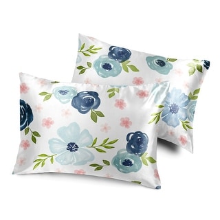 Sweet Jojo Designs Navy Blue Boho Floral Girl Decorative Satin Pillowcases - 2 Pack Set - Bohemian, Shabby Chic Watercolor, Rose