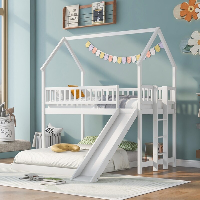Twin Over Full House Bunk Bed with Slide Wood Floor Bunk Bed with