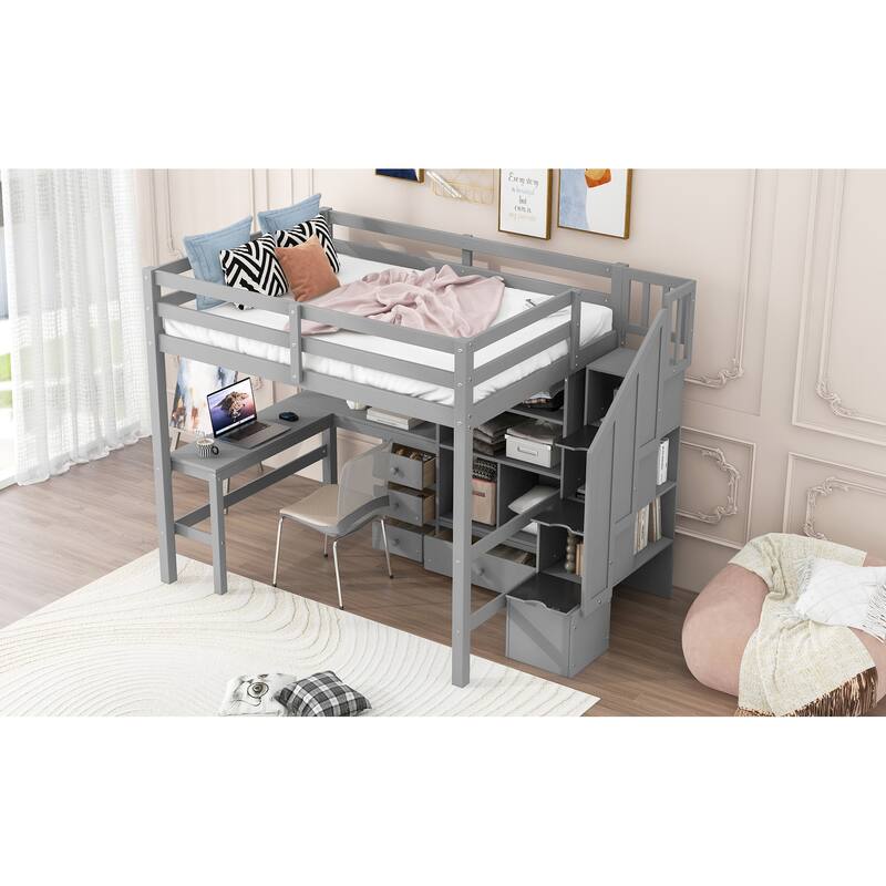 Full Size Loft Bed with L-Shaped Desk, Drawers, Cabinet, and Storage Staircase, Gray