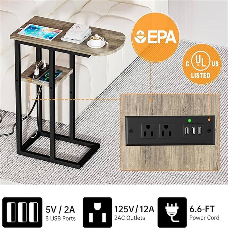 C Shaped End Table with Charging Station - 20.6"D x 11.8"W x 27.8"H