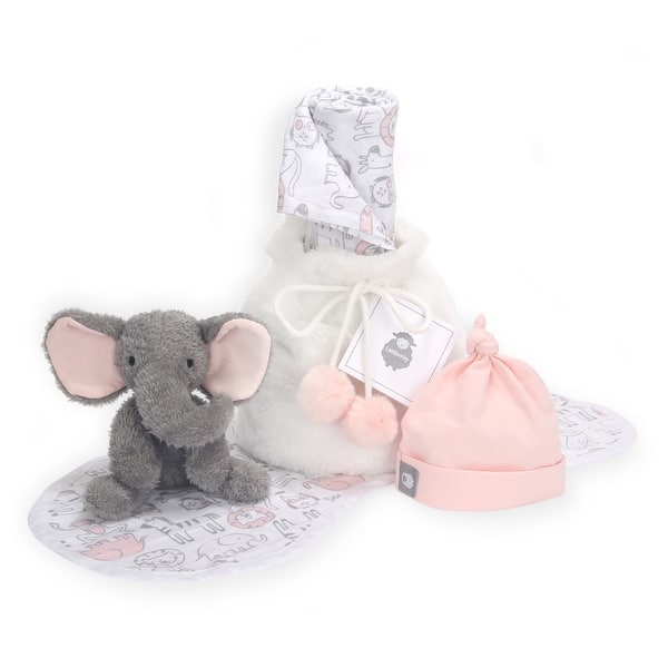 slide 2 of 8, Lambs & Ivy 5 Piece Pink/Gray Plush Infant/Newborn Baby Gift Bag w/ Swaddle