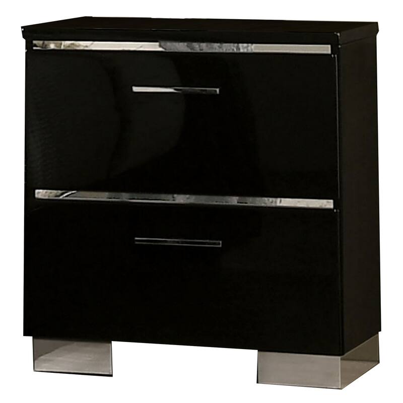 Two Drawer Nightstand with USB Charger and Bar Handle Pulls, Black - Black