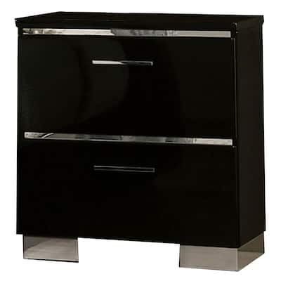 Two Drawer Nightstand with USB Charger and Bar Handle Pulls, Black