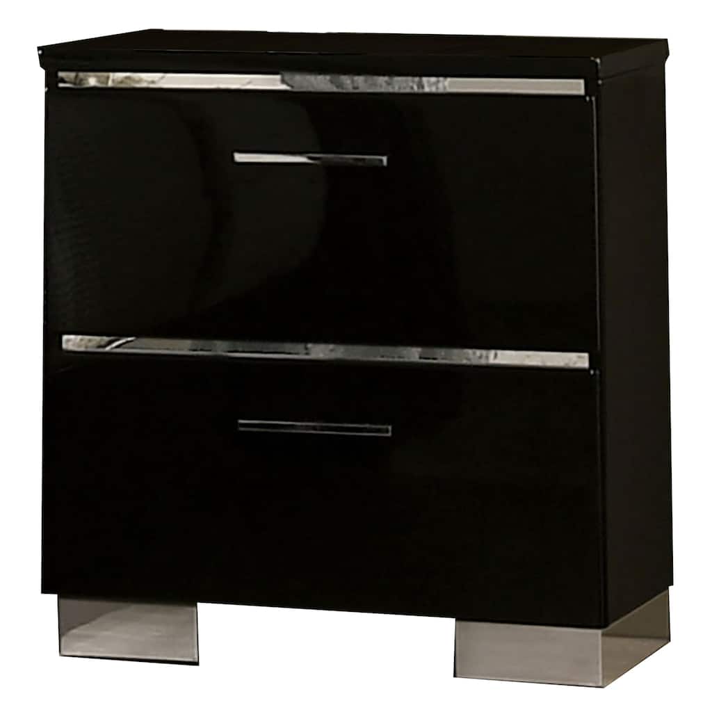 Two Drawer Nightstand with USB Charger and Bar Handle Pulls, Black