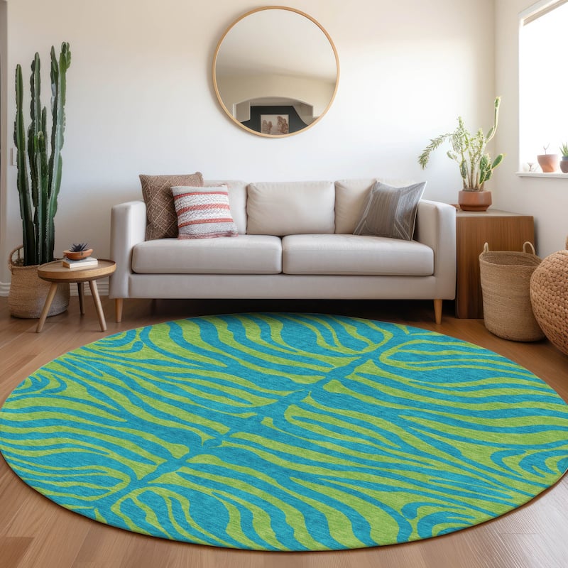 Machine Washable Indoor/ Outdoor Modern Animal Print Chantille Rug - Teal - 8' x 8'