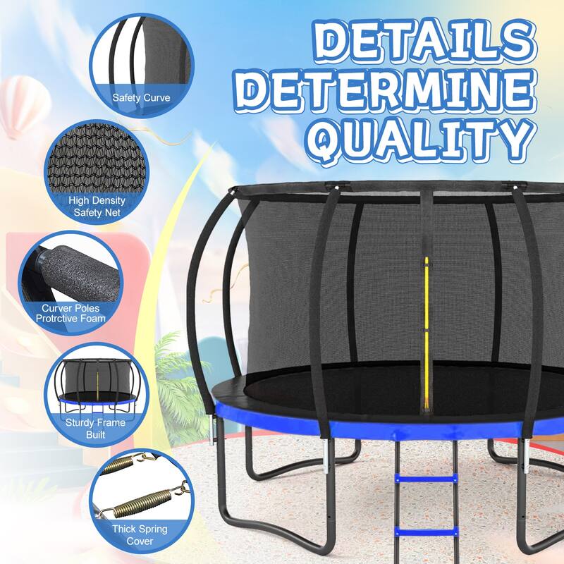 14FT Outdoor Big Trampoline Inner Safety Enclosure Net, Ladder, PVC Spring Cover Padding, For Kids