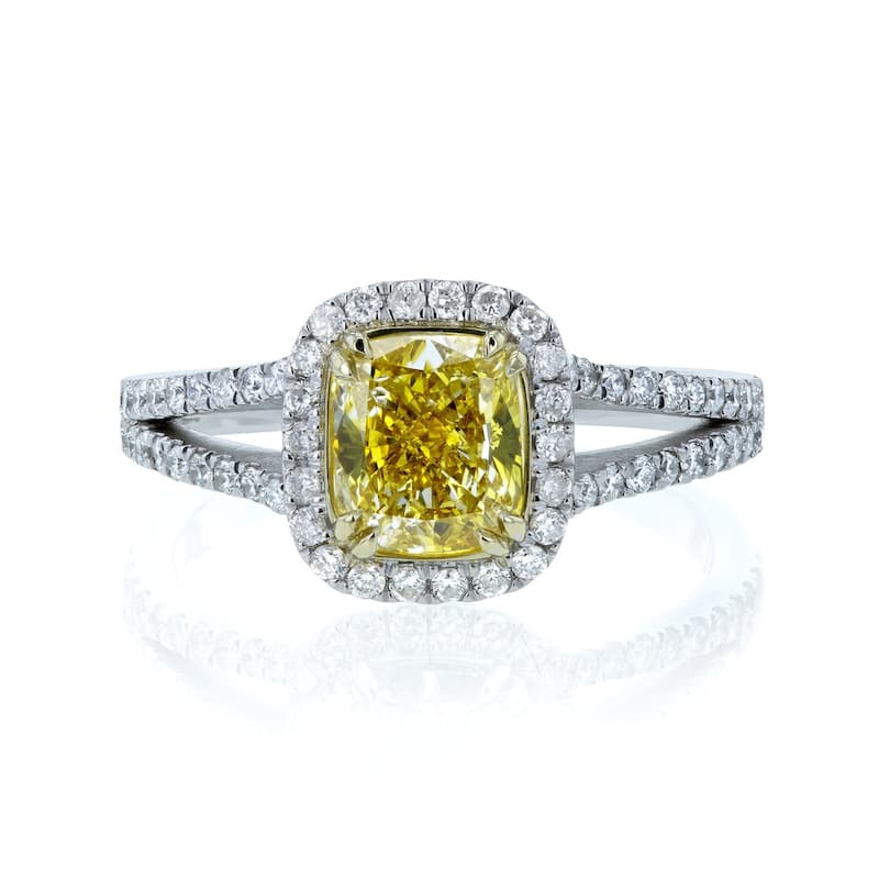 Kobelli 1.62 Carat Fancy Vivid Yellow Diamond GIA Certified 18k Solid Gold Cushion Halo Split Shank Judith Ring