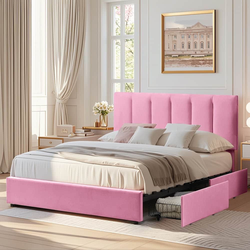 Pink Bed Frame with 4 Storage Drawers, Upholstered Platform Bed Frame with Adjustable Headboard