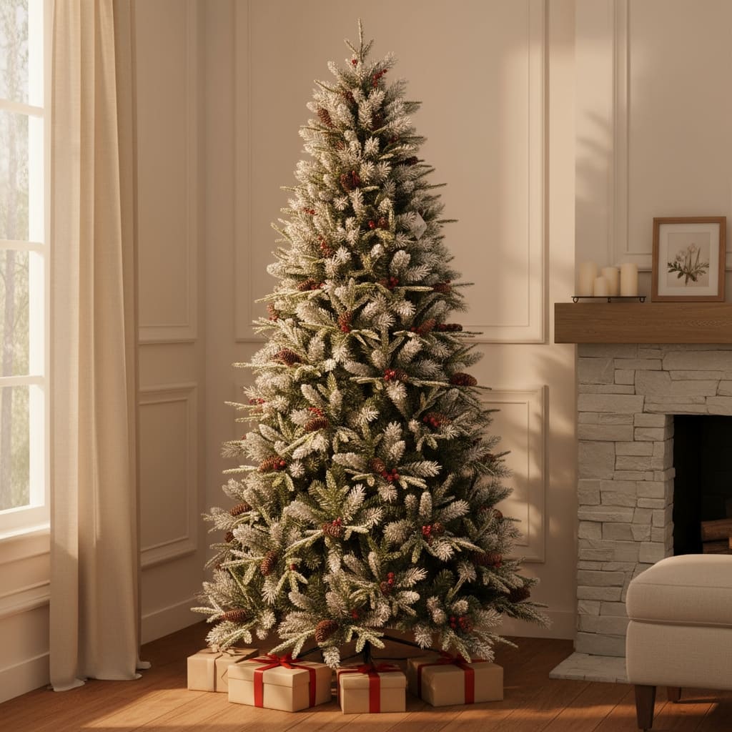 HomeRoots 9' Green And White Full Fir Christmas Tree With Decorations - 60.00 in. x 108.00 in. x 60.00 in.