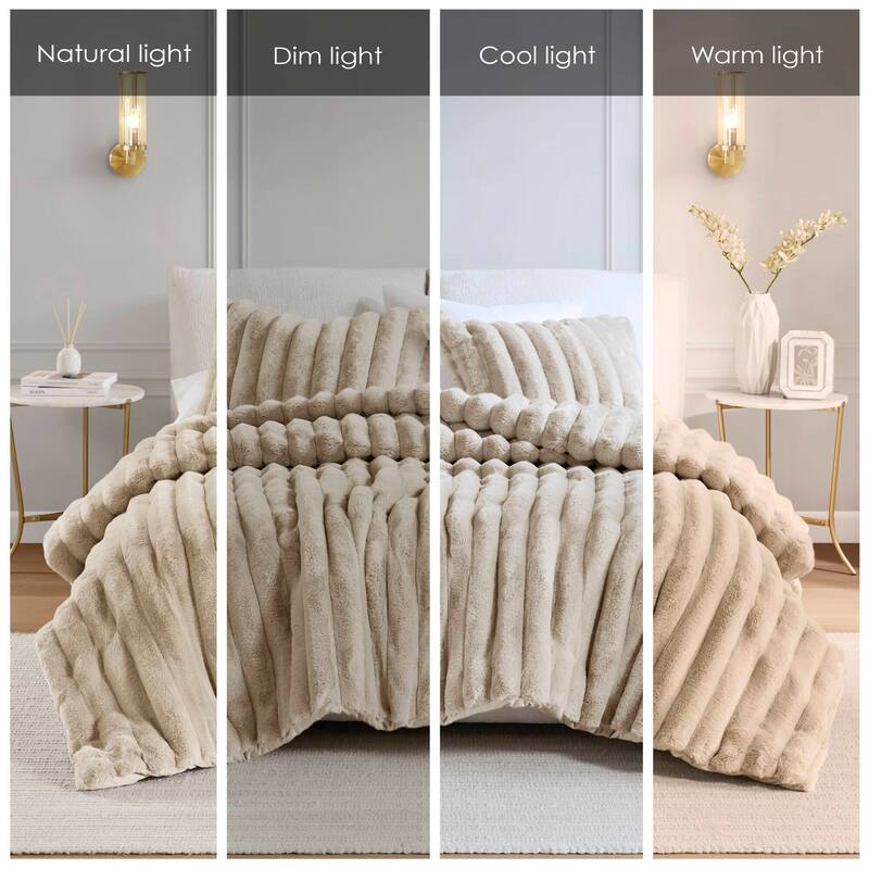 3PCS Full/Queen Fluffy Faux Fur Comforter Set with Ribbed Texture and Velvet Backing