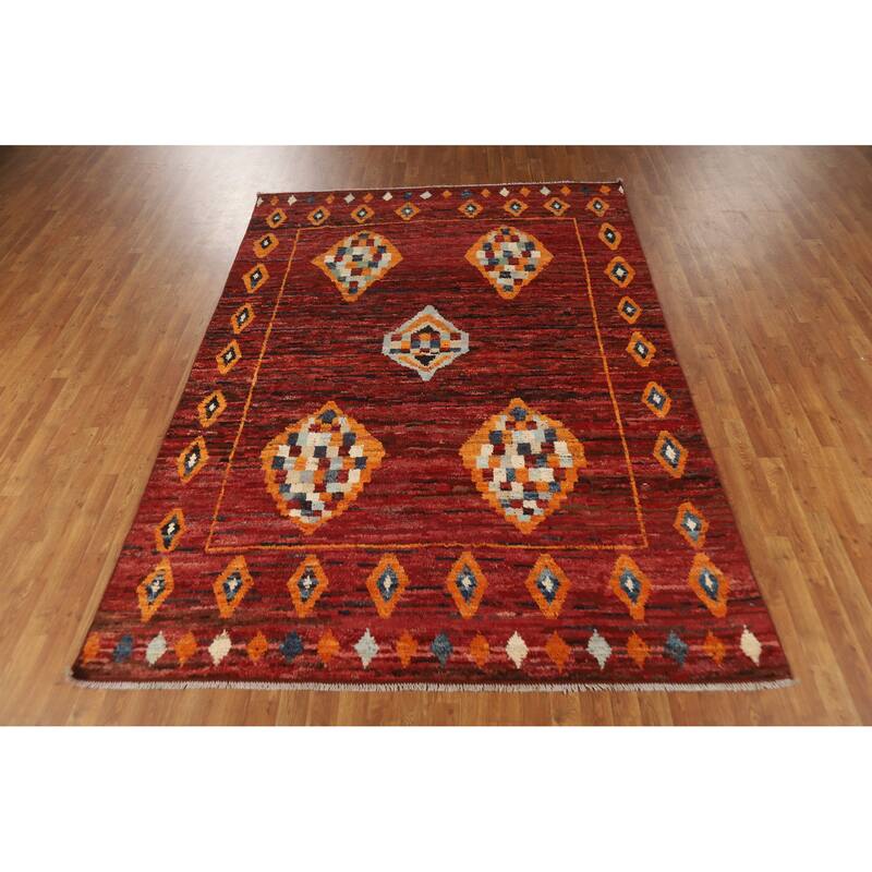 Geometric Moroccan Oriental Rug Handmade Red Wool Carpet - 6'9" x 9'11"