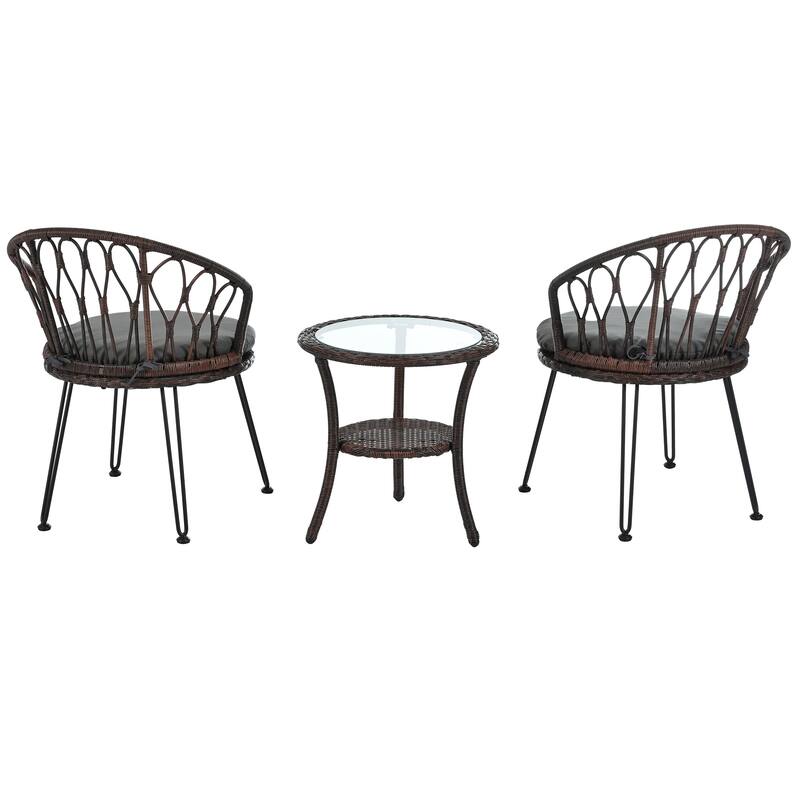 Outdoor Leisure Set, 2 Rattan Single Chairs with A Glass Round Table, Perfectly Suited for Patios, Balconies, and Courtyards
