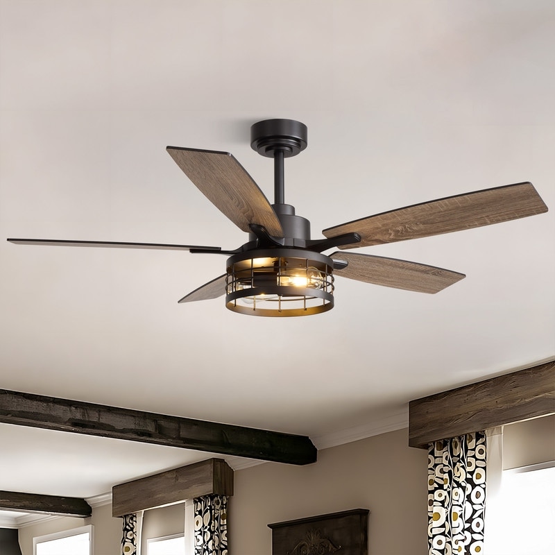 52inch 2-Light Farmhouse Caged Ceiling Fans with Lights and Remote Modern Rustic Wood-grain Ceiling Fans For Living room