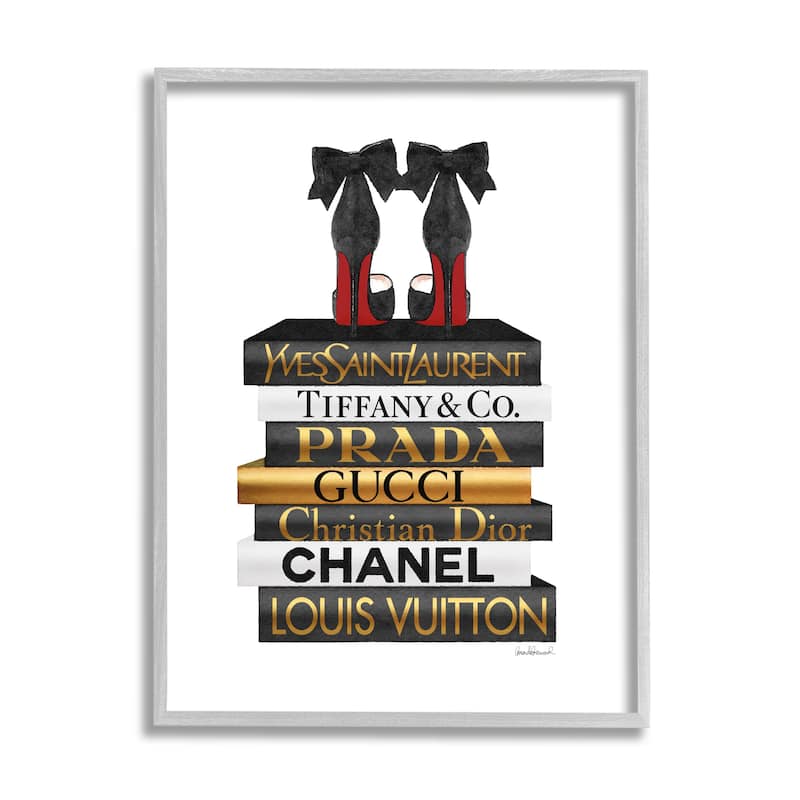 Stupell Red Bottom Heels Glam Fashion Bookstack Framed Wall Art - Black - 16 x 20 - Grey