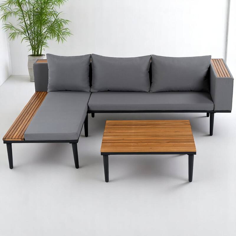3-Piece Outdoor Sofa Set with Acacia Wood Frame, Side Table & Coffee Table, Weather-Resistant Cushions, Patio Conversation Set