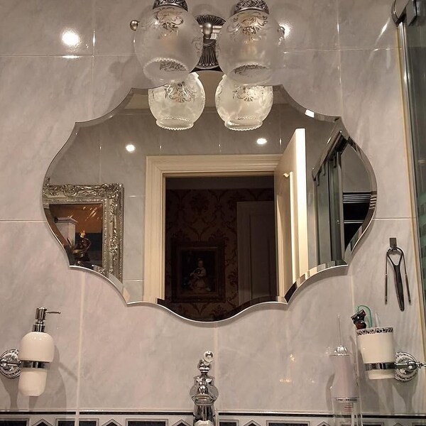 Beveled Frameless Wall Mirror Elegant Scalloped Bathroom Vanity