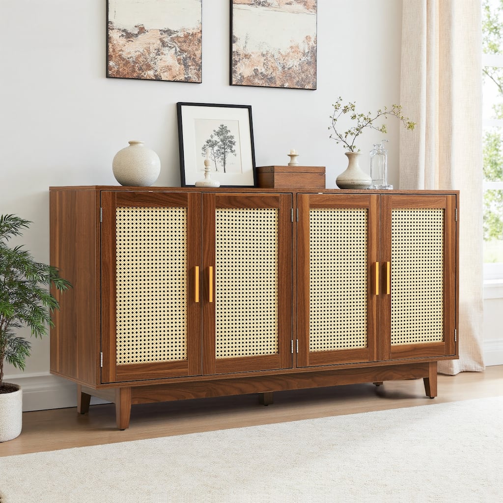 Rattan Accent Cabinet Storage Sideboard Buffet with 4 Doors