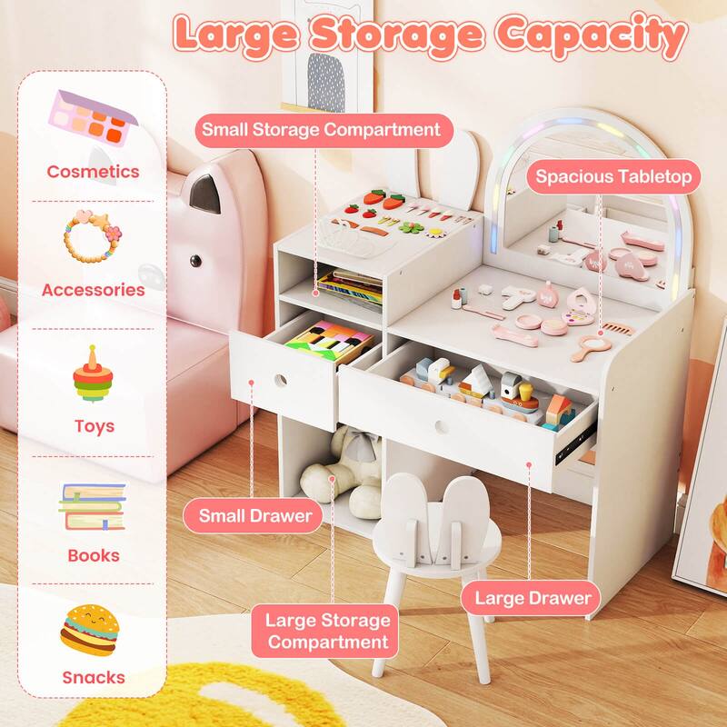 Costway Princess Bunny Makeup Table with Lighted Mirror, Open Shelves - See Details