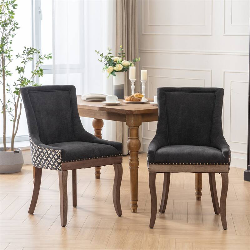 Set of 2 Patterned Upholstered Kitchen Dining Chairs with Wood Legs