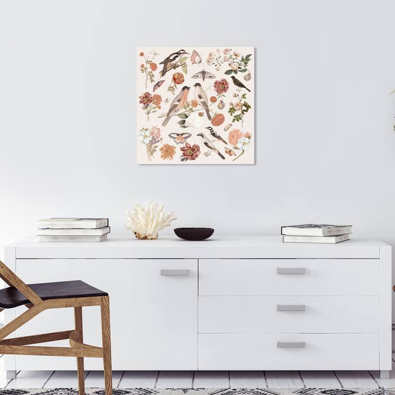 Wynwood Studio Canvas Floral and Botanical Bird Sighting IV Pink and Light Pink Farmhouse Wall Art Canvas Print - Pink, White - 20 x 20