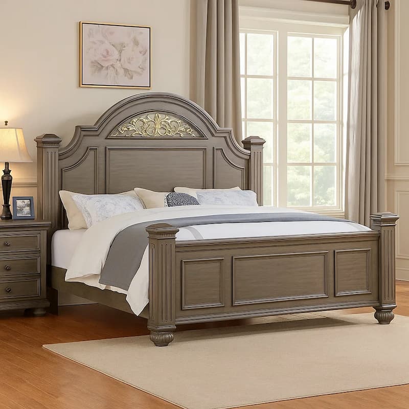 Recus Queen Bed, Carved Floral Details, Arched Headboard, Gray Wood